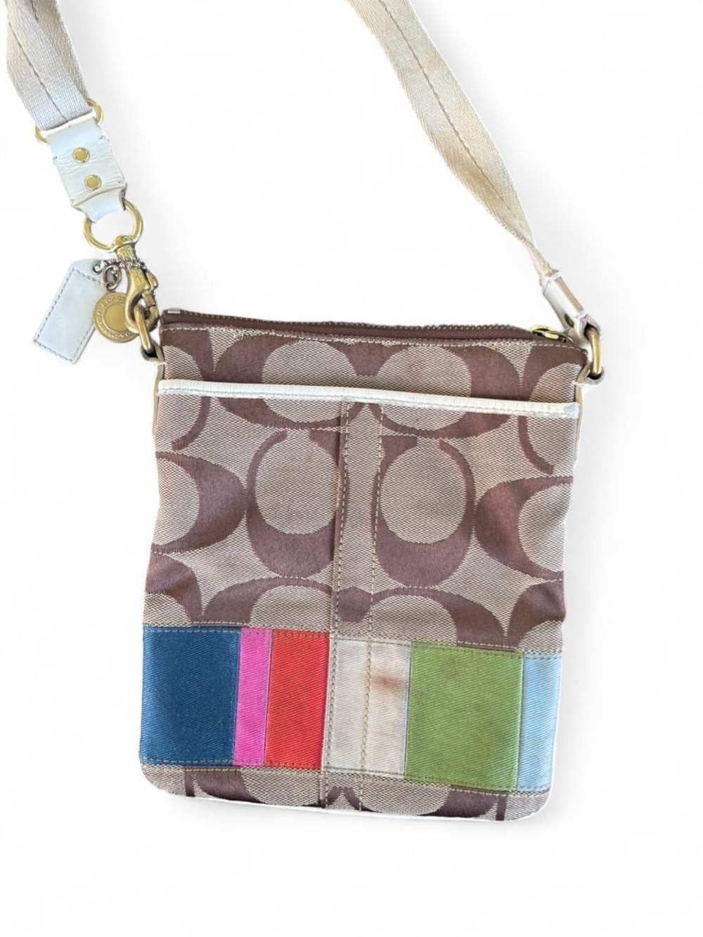 Coach Brown Signature Crossbody with Color-Block Stripe Accent